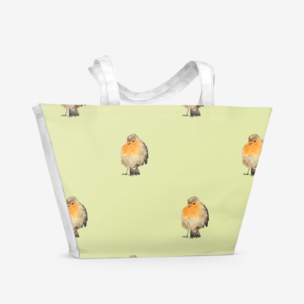 Пляжная сумка «Любопытная акварельная птица малиновка, милый принт на бежевом»