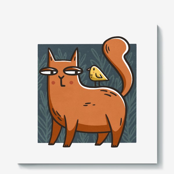 Холст &laquo;Забавная кошка с птичкой на спине на фоне листьев и веточек&raquo;