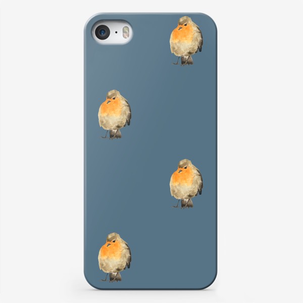 Чехол iPhone «Акварельная птица малиновка на синем, милый принт»