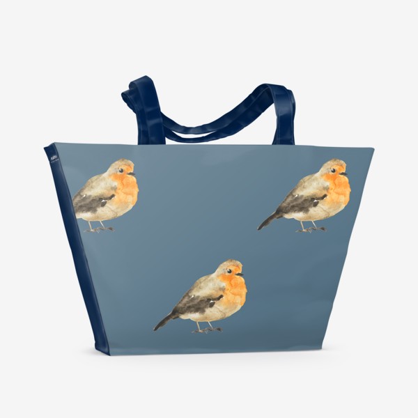 Пляжная сумка &laquo;Акварельная птица малиновка на серо-голубом&raquo;