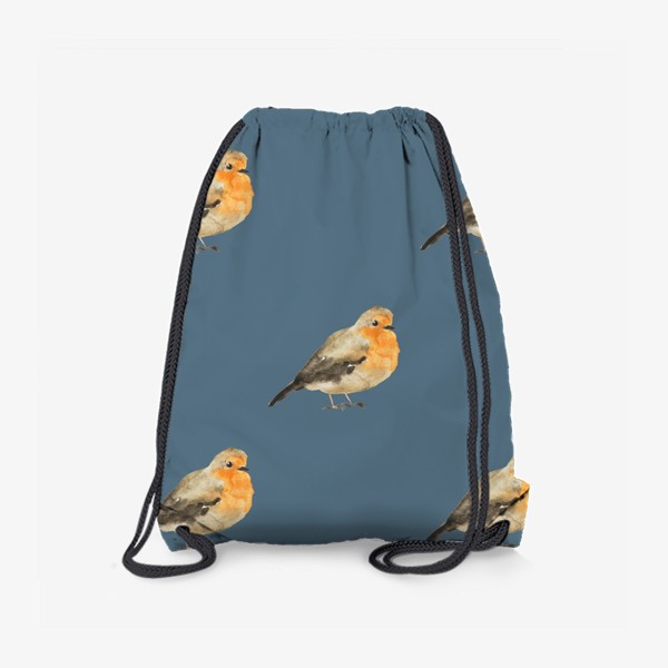 Рюкзак «Акварельная птица малиновка на серо-голубом»