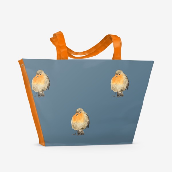 Пляжная сумка «Акварельная птица малиновка на синем, милый принт»
