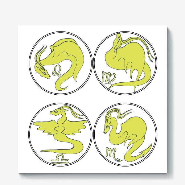 Холст «Cute fantastic lime dragons - Коллекционное изображение милых фантастических лаймовых драконов в виде знаков зодиака»