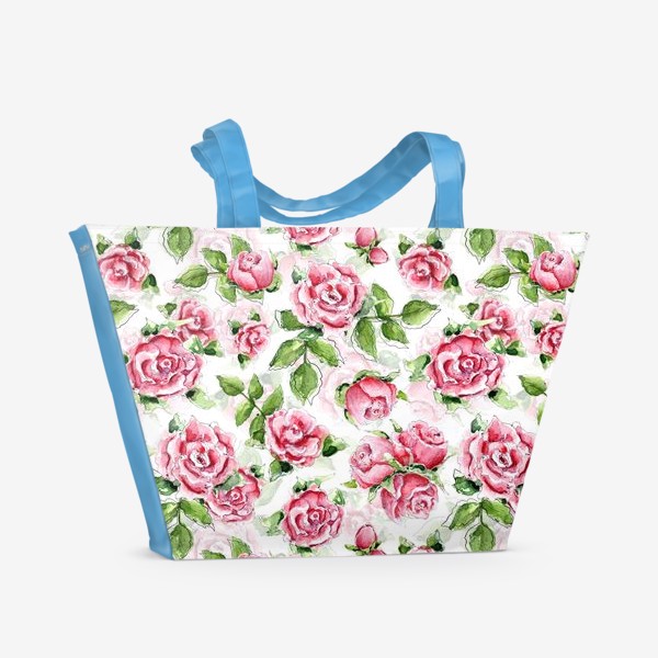Пляжная сумка &laquo;Розы с листьями, Узор из роз акварель с графикой&raquo;