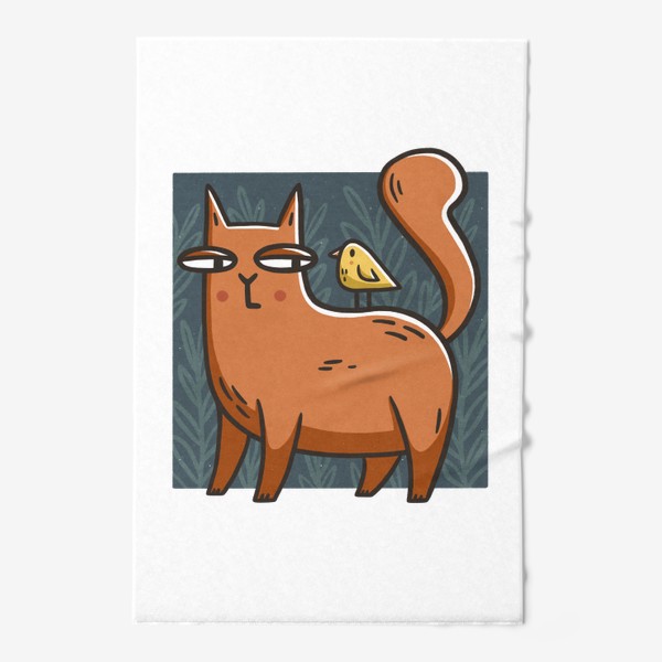 Полотенце «Забавная кошка с птичкой на спине на фоне листьев и веточек»