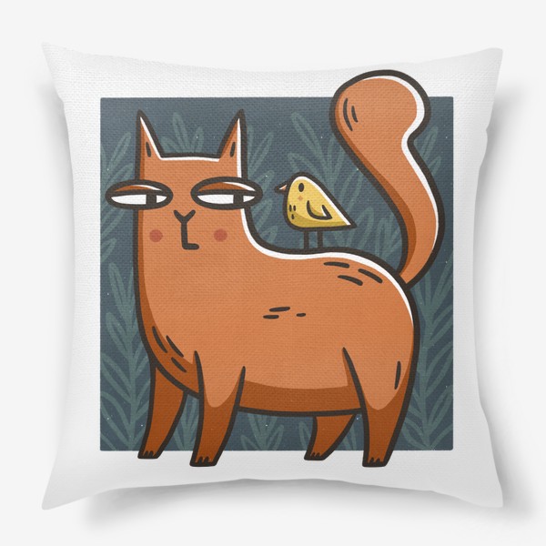 Подушка «Забавная кошка с птичкой на спине на фоне листьев и веточек»