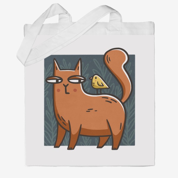 Сумка хб «Забавная кошка с птичкой на спине на фоне листьев и веточек»