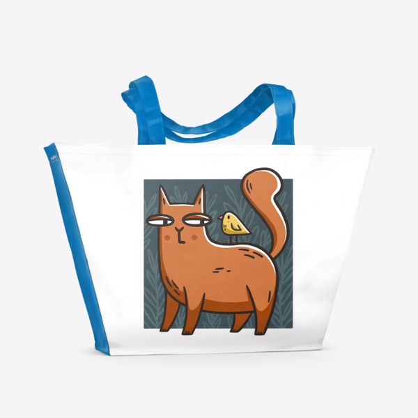 Пляжная сумка «Забавная кошка с птичкой на спине на фоне листьев и веточек»
