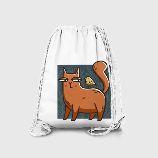 Рюкзак «Забавная кошка с птичкой на спине на фоне листьев и веточек»