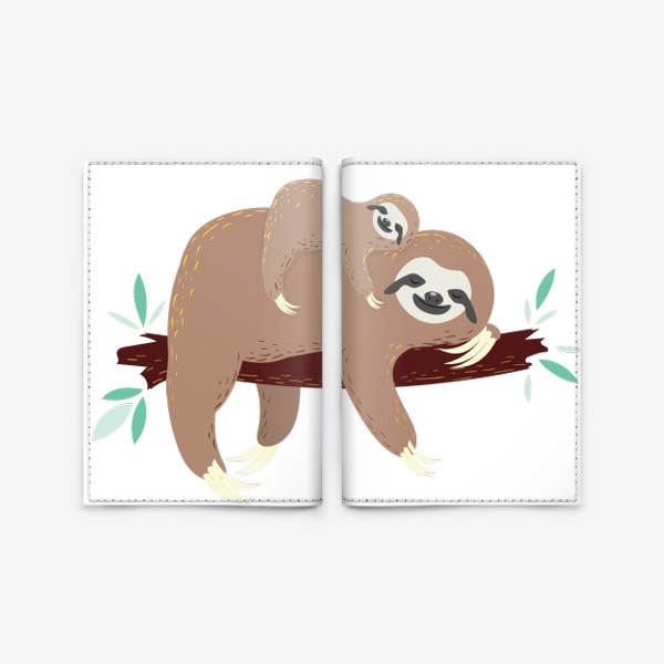 Обложка для паспорта «Ленивцы мама с малышом на ветке»