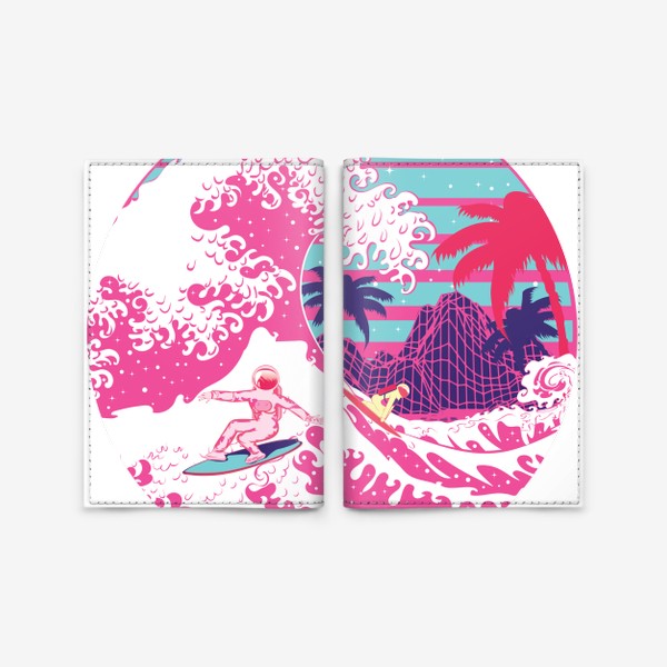Обложка для паспорта «Космонавт серфит розовые волны»