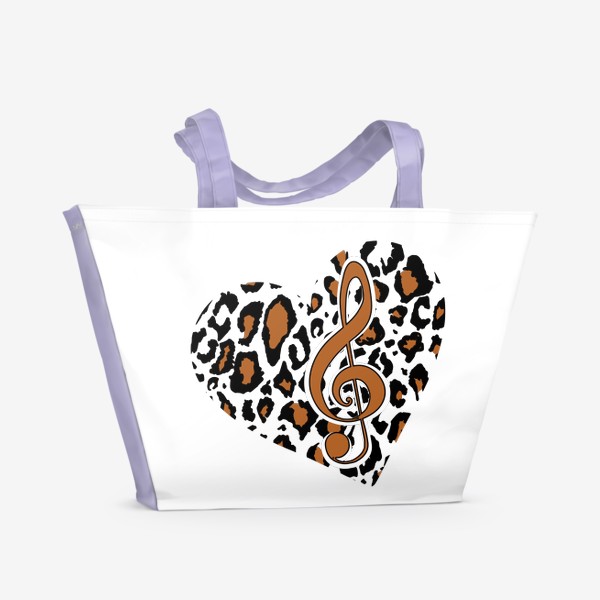 Пляжная сумка «музыкальный скрипичный ключ в леопардовом сердце. леопардовые пятна коричневые с черным в форме сердца любовь мызыка»