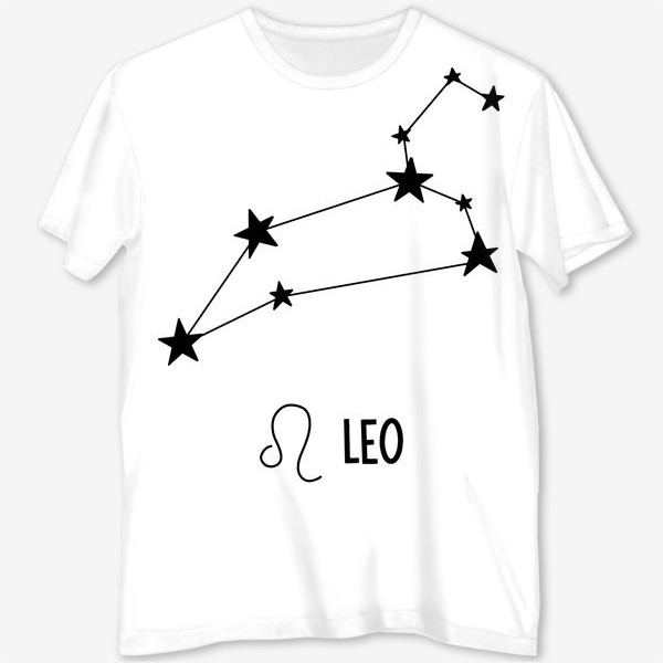 Футболка с полной запечаткой «Знак зодиака лев, созвездие знак и надпись Leo, в подарок для львов звездное созвездие гороскопа»