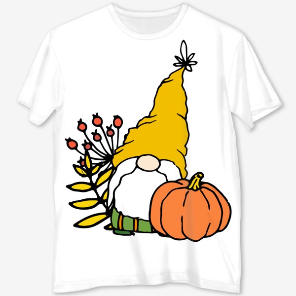 Футболка с полной запечаткой «Гном смешной персонаж с бородой и шапке желтой, с листьями и тыквой, мультяшный осенний гномик»