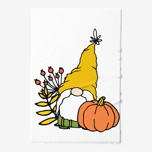Полотенце «Гном смешной персонаж с бородой и шапке желтой, с листьями и тыквой, мультяшный осенний гномик»