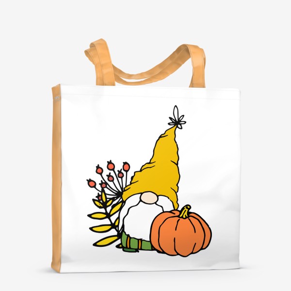 Сумка-шоппер «Гном смешной персонаж с бородой и шапке желтой, с листьями и тыквой, мультяшный осенний гномик»