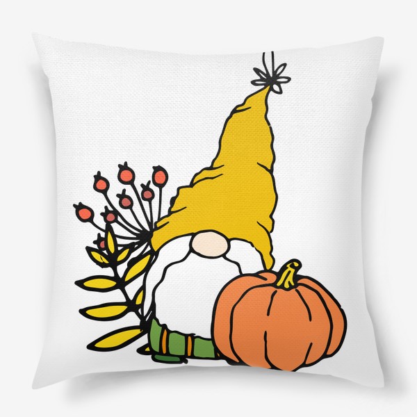 Подушка «Гном смешной персонаж с бородой и шапке желтой, с листьями и тыквой, мультяшный осенний гномик»