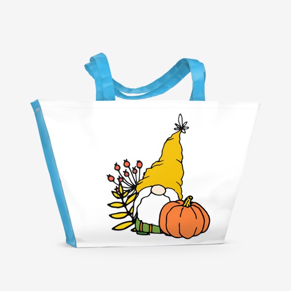 Пляжная сумка «Гном смешной персонаж с бородой и шапке желтой, с листьями и тыквой, мультяшный осенний гномик»