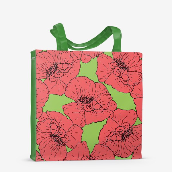 Сумка-шоппер «Паттерн из красного мака на зеленом фоне. узор из ярко красного цветка мака. ботанический скетч»