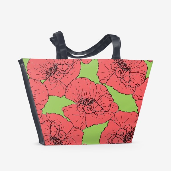 Пляжная сумка «Паттерн из красного мака на зеленом фоне. узор из ярко красного цветка мака. ботанический скетч»
