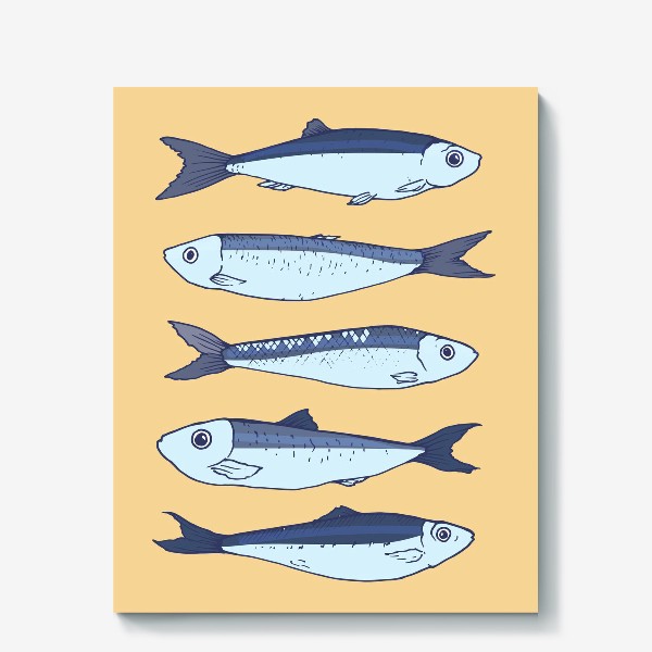 Холст &laquo;рыбки маленькие кильки. синего цвета рыбки на желтом фоне шпроты &raquo;