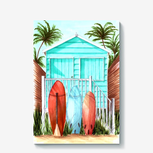 Холст «Пляжный домик, серфы и пальмы»