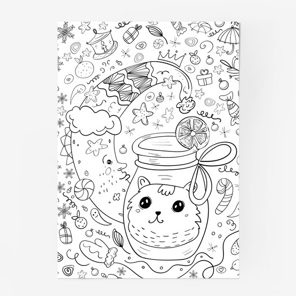 Постер «Ночь, полумесяц, кот и сладости, декоративные Новогодние (Рождественские) украшения в дудл стиле »