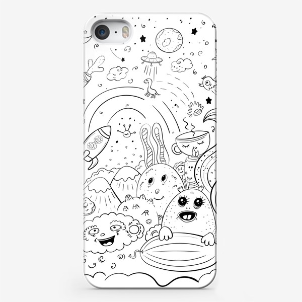Чехол iPhone «Милые фантастические существа в космосе. Ракета, кактус, метеорит, летающая тарелка, кавайный черно-белый принт»