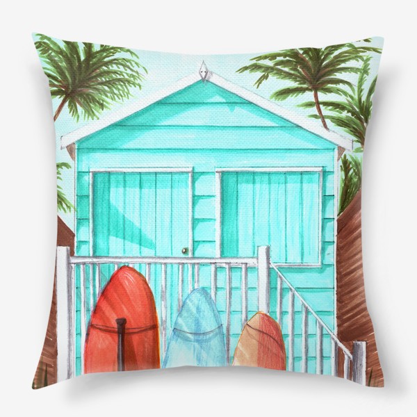 Подушка «Пляжный домик, серфы и пальмы»