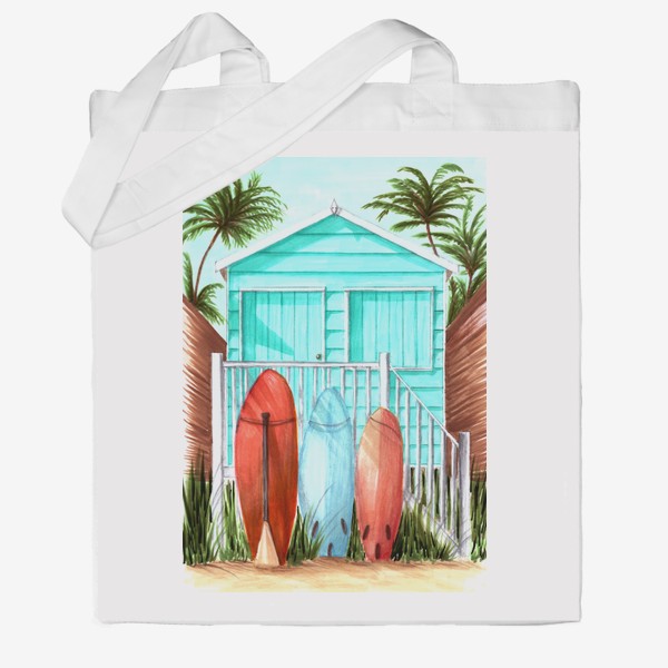 Сумка хб «Пляжный домик, серфы и пальмы»