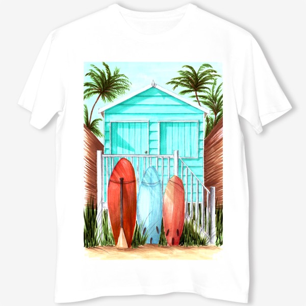 Футболка «Пляжный домик, серфы и пальмы»