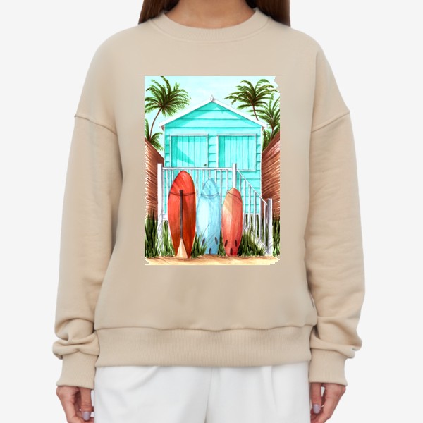Свитшот «Пляжный домик, серфы и пальмы»