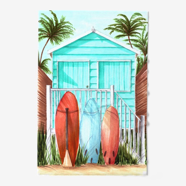 Полотенце «Пляжный домик, серфы и пальмы»