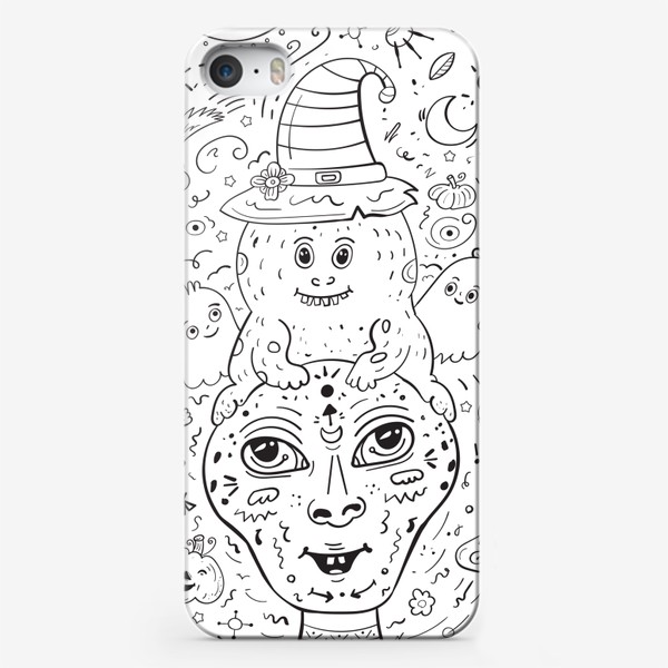 Чехол iPhone «Инопланетянин, монстр Дино, привидения и тыквы. Космический дудл»