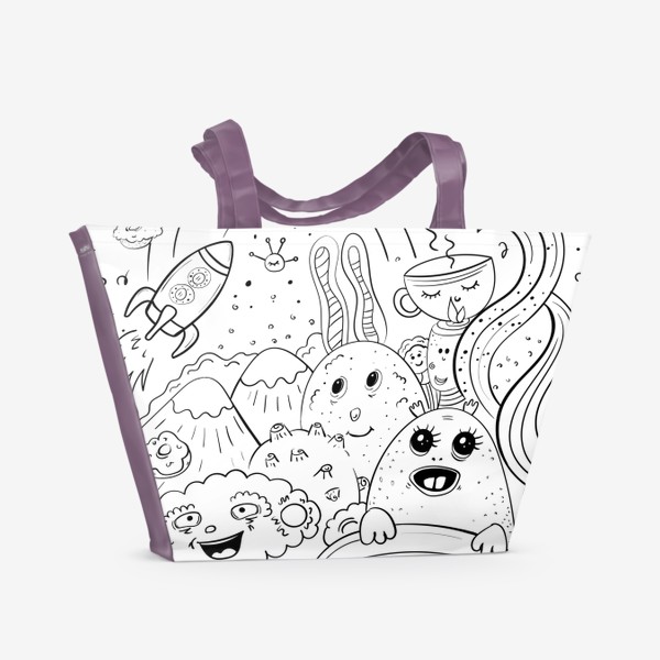 Пляжная сумка «Милые фантастические существа в космосе. Ракета, кактус, метеорит, летающая тарелка, кавайный черно-белый принт»