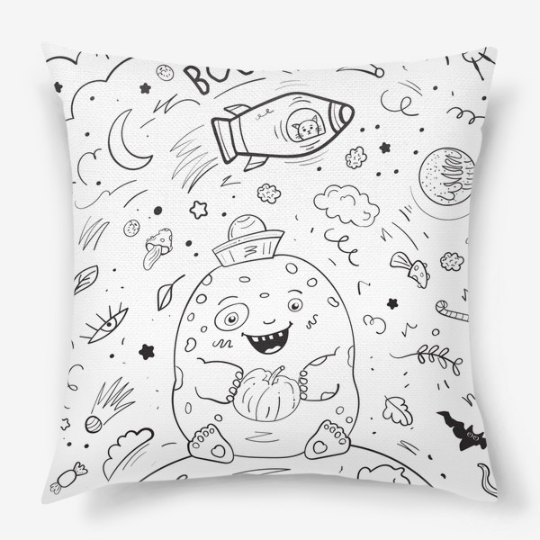Подушка «Дино монстр на луне. Космический дудл с мистическими элементами, ракетой, спутником, облаками и звездами»