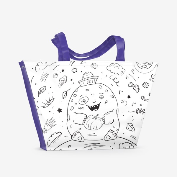 Пляжная сумка &laquo;Дино монстр на луне. Космический дудл с мистическими элементами, ракетой, спутником, облаками и звездами&raquo;