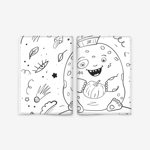 Обложка для паспорта «Дино монстр на луне. Космический дудл с мистическими элементами, ракетой, спутником, облаками и звездами»