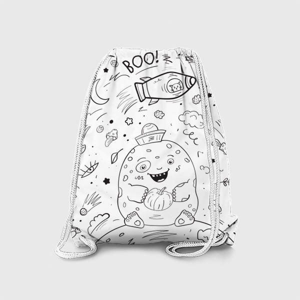 Рюкзак «Дино монстр на луне. Космический дудл с мистическими элементами, ракетой, спутником, облаками и звездами»