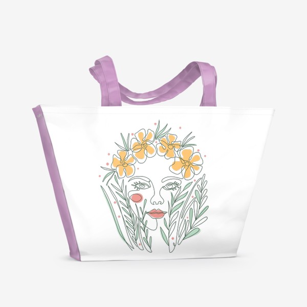 Пляжная сумка «Девушка в цветах и травах, монолайн»