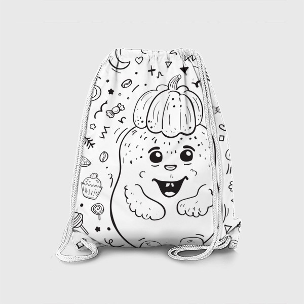 Рюкзак «Забавный монстр с тыквой, дудл со сладостями, декоративными элементами. Ночь., мистика, Хэллоуин»