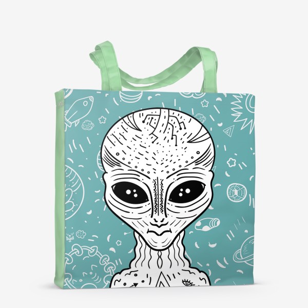Сумка-шоппер «Инопланетянин на зеленом фоне, космический дудл »