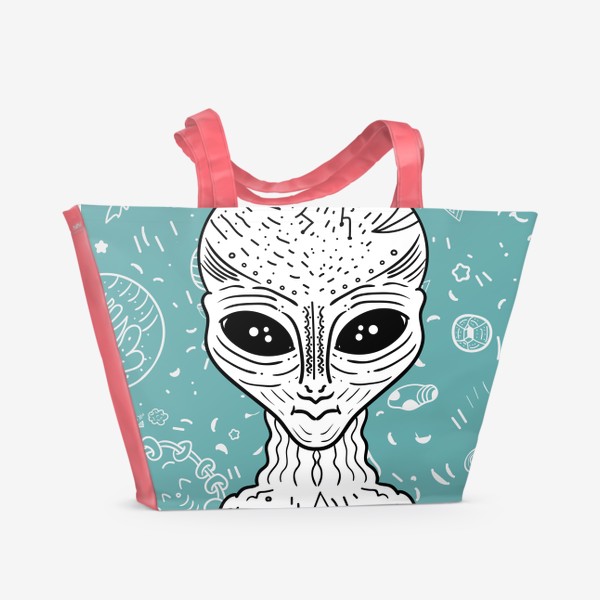 Пляжная сумка «Инопланетянин на зеленом фоне, космический дудл »