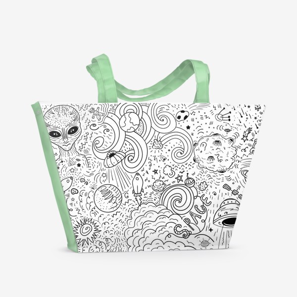 Пляжная сумка «Космический дудл с инопланетянином, летающей тарелкой, планетами  и ракетами»