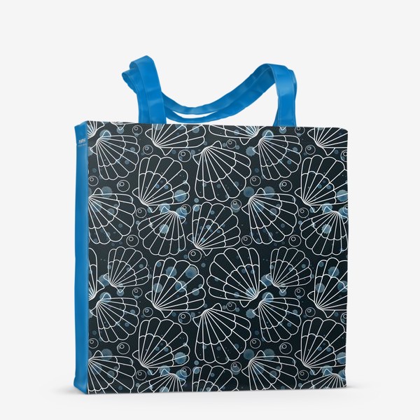 Сумка-шоппер «Морские ракушки на черном с голубыми брызгами»