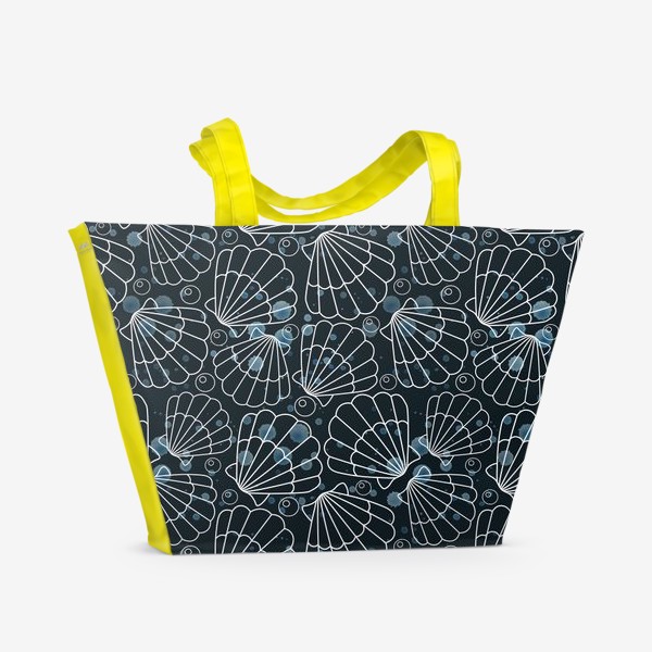 Пляжная сумка «Морские ракушки на черном с голубыми брызгами»