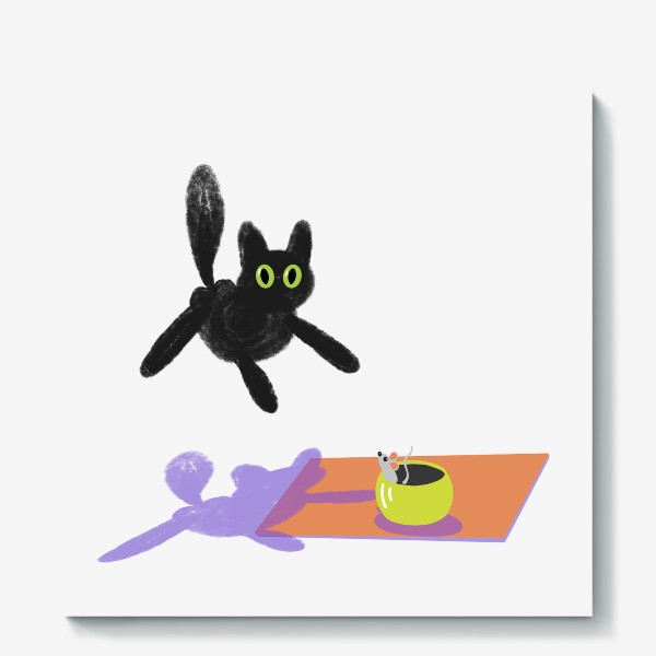 Холст «Кот в полете, испуганный котэ и мышь»
