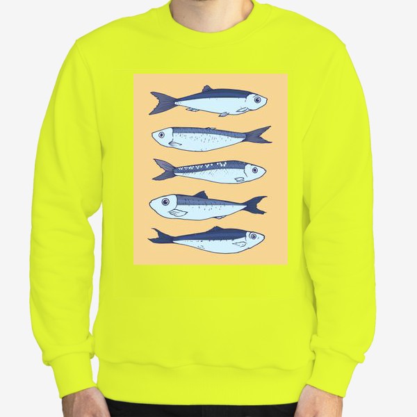 Свитшот &laquo;рыбки маленькие кильки. синего цвета рыбки на желтом фоне шпроты &raquo;