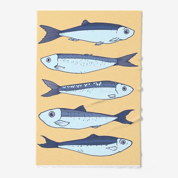 Полотенце &laquo;рыбки маленькие кильки. синего цвета рыбки на желтом фоне шпроты &raquo;