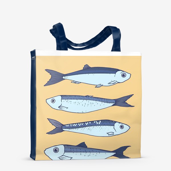 Сумка-шоппер «рыбки маленькие кильки. синего цвета рыбки на желтом фоне шпроты »